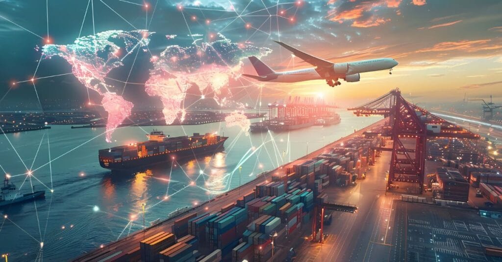 avion de fret et conteneurs au port